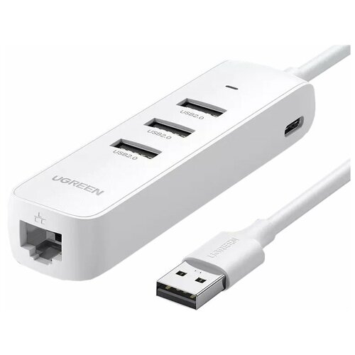 Адаптер UGREEN CM416 (20983) USB 2.0 to 3×USB 2.0 + RJ45 (10/100Mbps) Ethernet Adapter. Цвет: белый