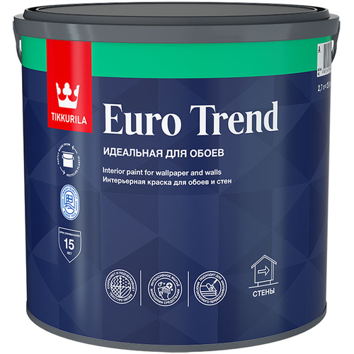 Краска интерьерная для обоев и стен Euro Trend Tikkurila 2,7 л База A (белый) матовая краска интерьерная моющаяся для обоев и стен tikkurila euro trend база a белая матовая 2 7 л