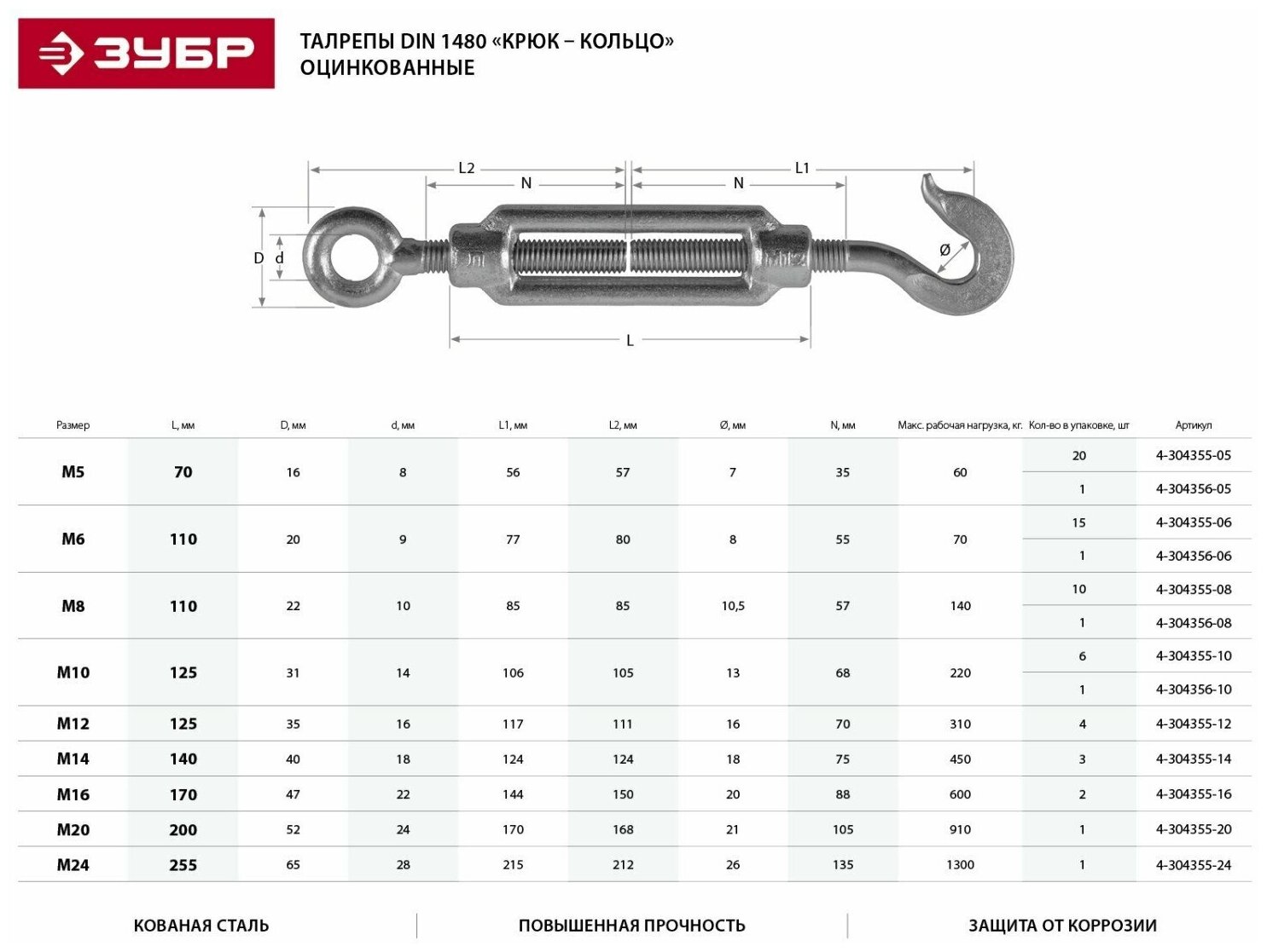 Талреп "зубр" DIN 1480, крюк-кольцо, кованая натяжная муфта, цинк, М8, 10 шт. Зубр 5482100 - фотография № 2