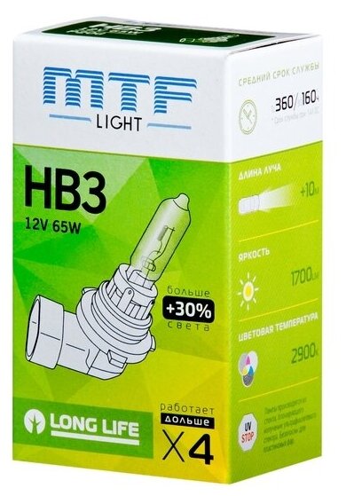 Лампа галоген 12v hb3 65w p20d mtf 9005 longlife standart +30% 2900к