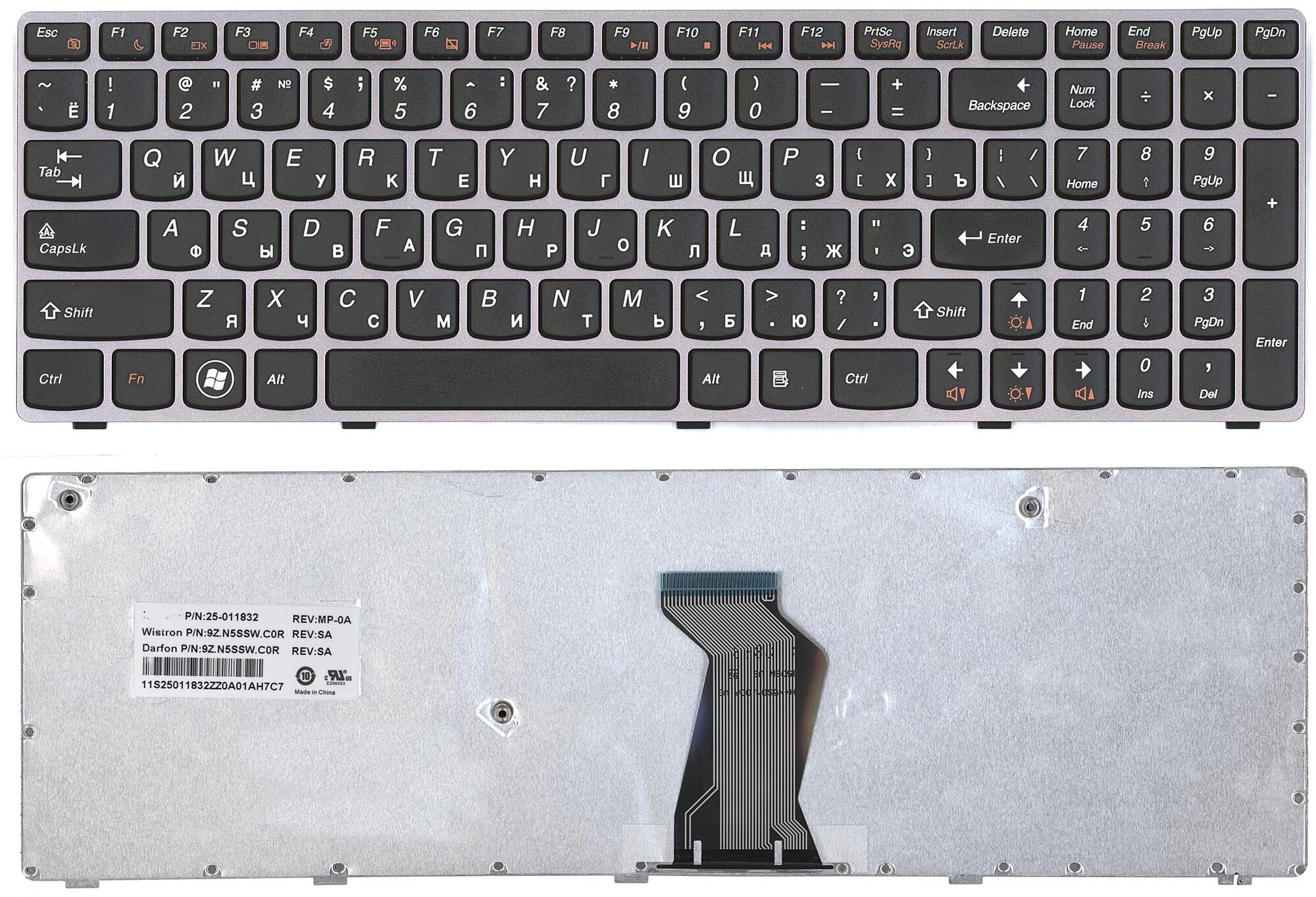 Клавиатура для Lenovo IdeaPad B590A черная с серой рамкой, ножка крепежа в отдалении от шлейфа