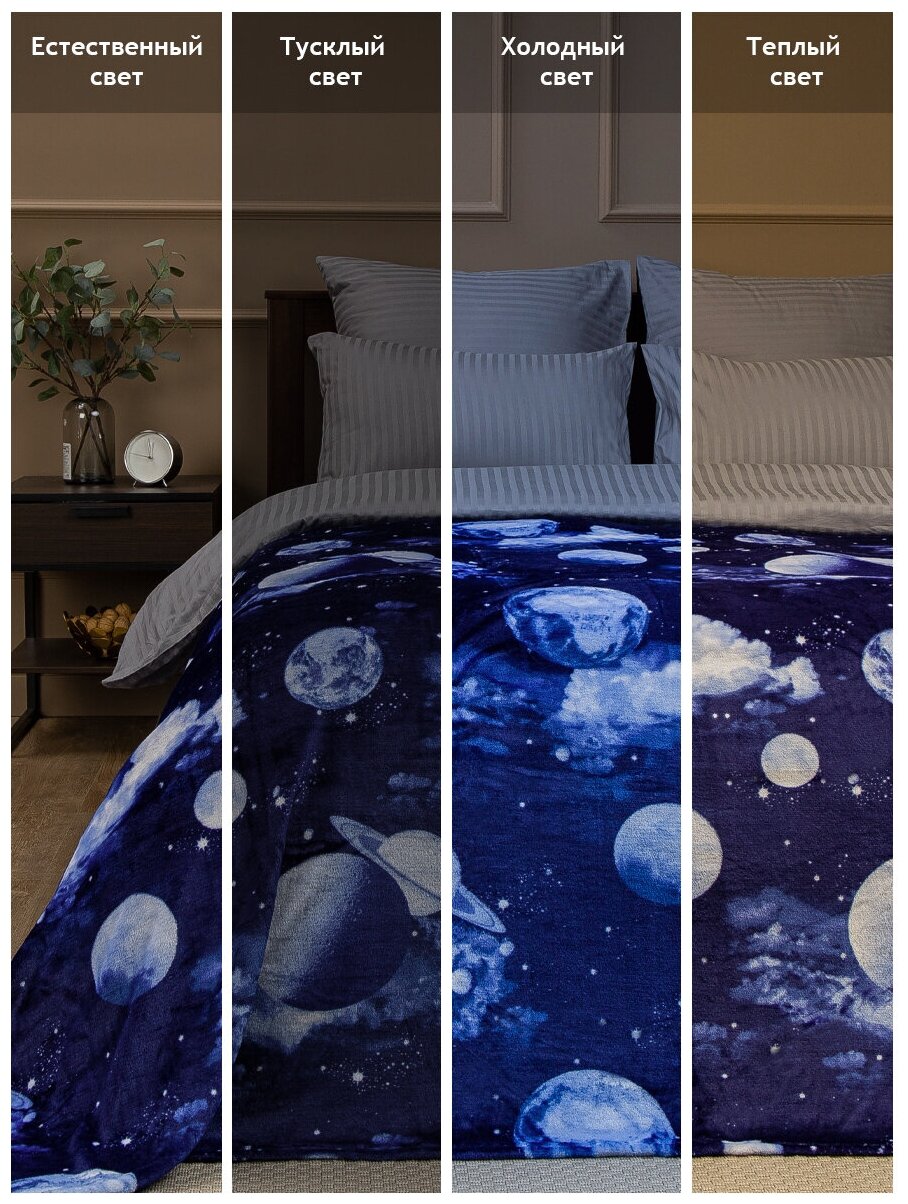Плед TexRepublic Absolute flannel 200х220 см, размер Евро, велсофт, покрывало на кровать, теплый, мягкий, синий с рисунком Космос - фотография № 3