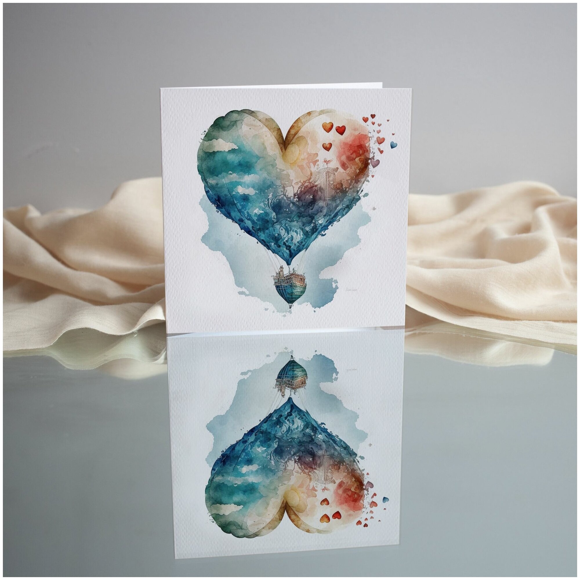 "Воздушный корабль любви", авторская открытка складная 15х15 см с конвертом, на дизайнерской бумаге, весенняя валентинка на 8 марта