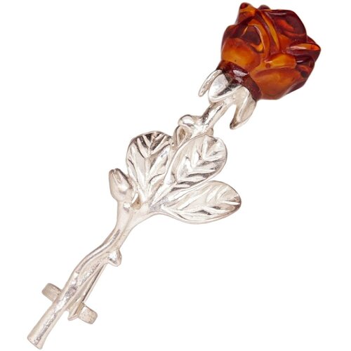 Брошь, бижутерный сплав, серебрение, янтарь синтетический, янтарь, янтарь прессованный, коричневый, серебряный