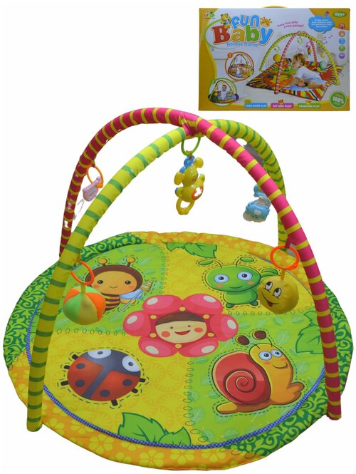 Коврик детский развивающий для малышей с дугами и подвесными игрушками-погремушками, Веселый зоопарк