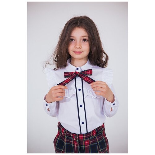 фото Школьная рубашка leya.me, прямой силуэт, на пуговицах, длинный рукав, воланы, однотонная, размер 152, белый