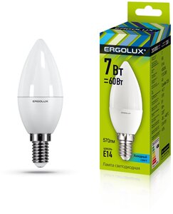 Светодиодная лампа Е14 7Вт ERGOLUX 12135 LED-C35-7W-E14-4K, 4500K, 675Лм, нейтральный белый, свеча