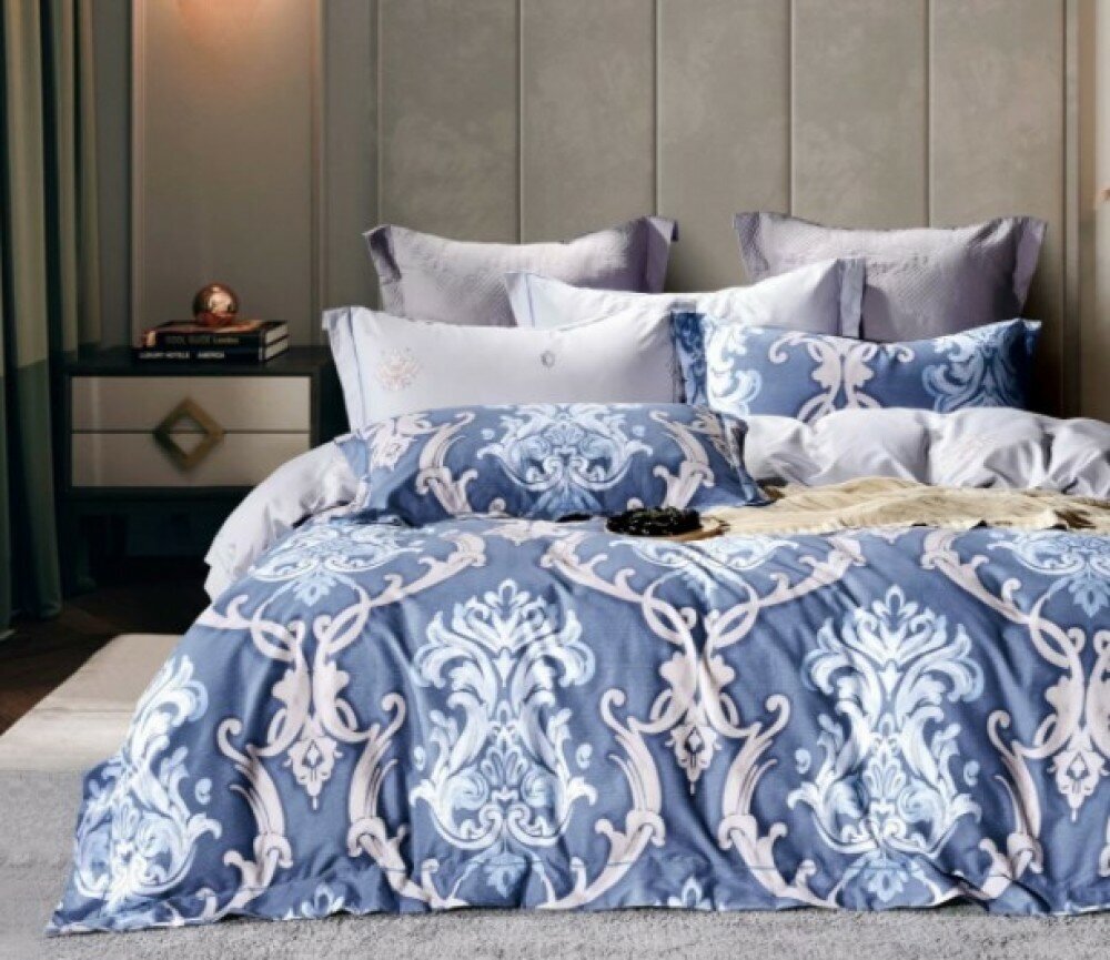 2 спальное постельное белье премиум сатин двустороннее синее с вензелями