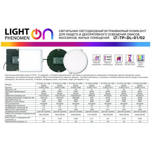 Светильник LightPhenomenON Downlight LT-TP-DL-02-12W-6500K Е1603-1012