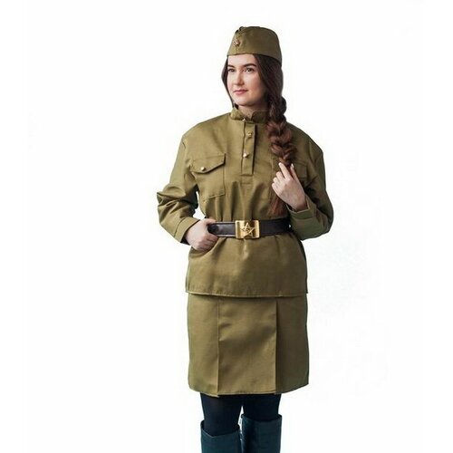 фото Костюм военного "солдаточка люкс", пилотка, гимнастёрка, юбка, ремень, р. 44-46, рост 164 см страна карнавалия