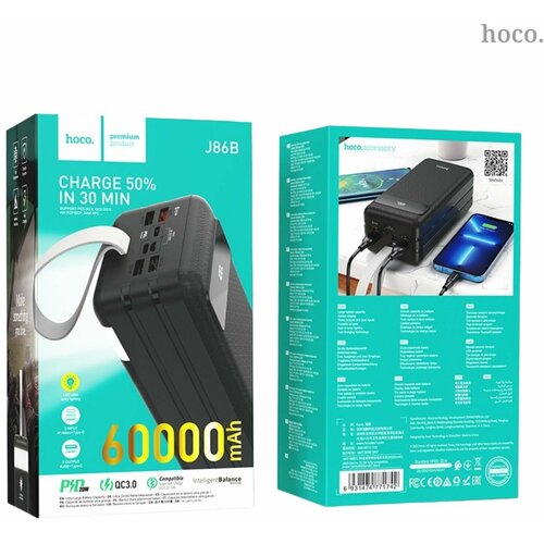 Power Bank (повербанк с быстрой зарядкой) Hoco J86B 60000mAh + LED Фонарик внешний акб hoco j86b powermaster 60000 mah 4xusb 1xusb c 3а qc 3 0 pd20w led дисплей лампа