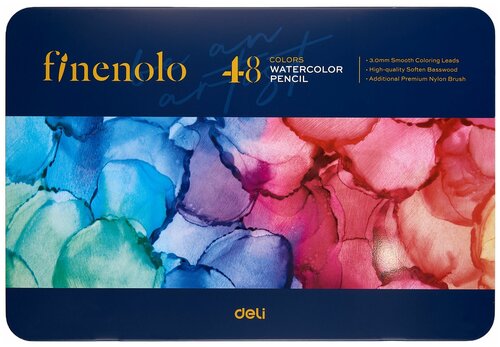 Набор акварельных карандашей Finenolo 48 цветов + кисть, в металлическом коробе-пенале