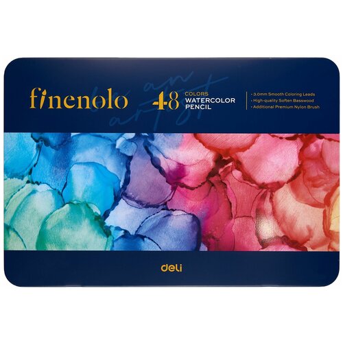 Набор акварельных карандашей Finenolo 48 цветов + кисть, в металлическом коробе-пенале
