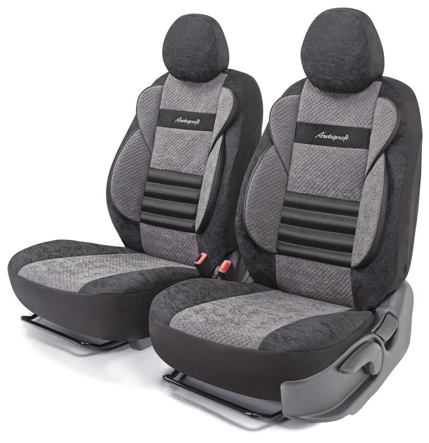 Получехлы на передние сиденья AUTOPROFI COM-0405 BK/D.GY COMFORT, велюр, 5 мм поролон, 3D крой, поясничный упор, 4 пред., чёрный/темно-серый