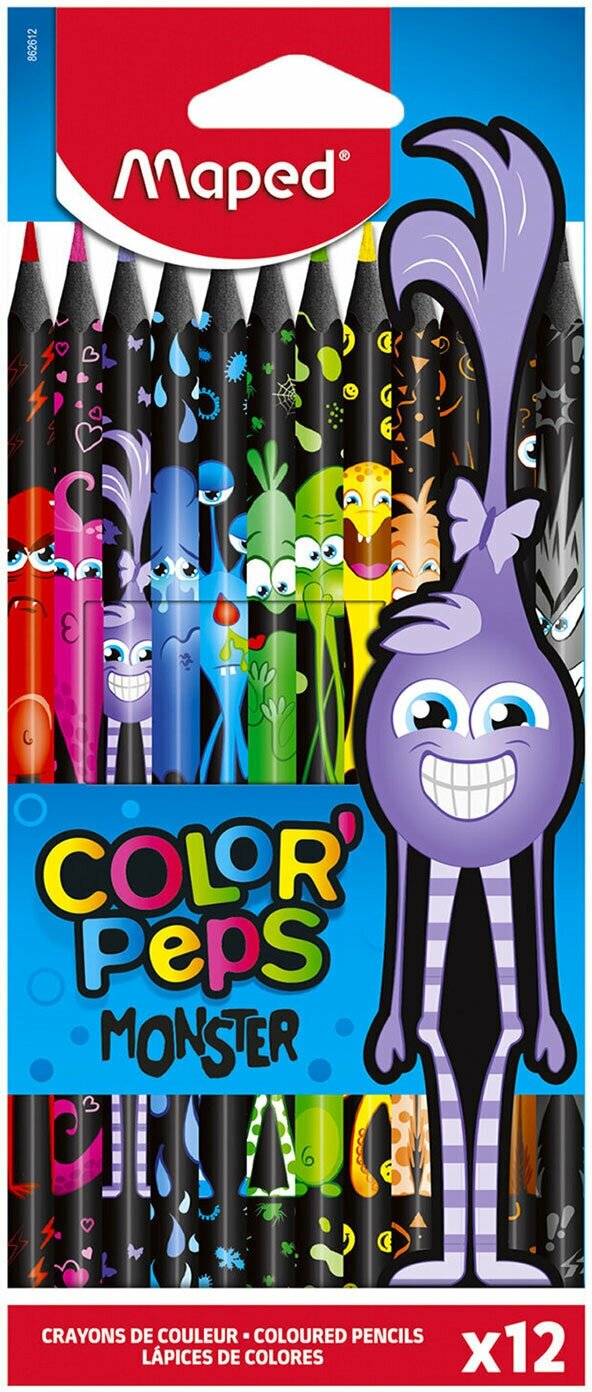 Карандаши цветные MAPED "COLOR PEP'S Black Monster", набор 12 цветов, пластиковый корпус, 862612