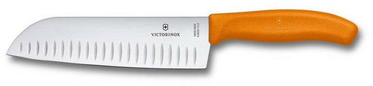 Нож Santoku VICTORINOX Swiss Classic, рифлёное лезвие 17 см, оранжевый, в блистере 6.8526.17L9B