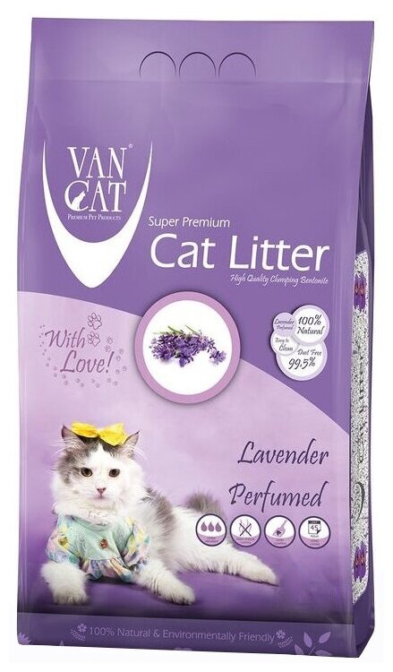 Van Cat Комкующийся наполнитель без пыли с ароматом Лаванды, пакет (Lavender) фиолетовый urn1012, 5 кг