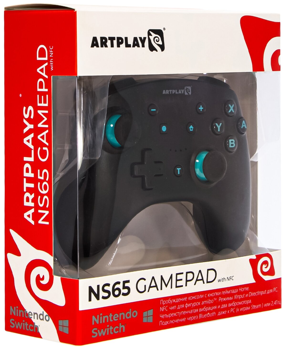 Геймпад Artplays NS65 для Nintendo Switch/PC, черно-бирюзовый (модель: N12-F, 2,4G, li-ion, NFC, dualvibro)