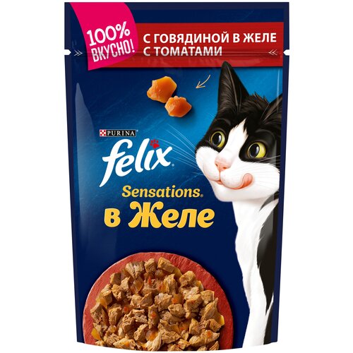 Влажный корм Felix Sensations для взрослых кошек, с говядиной в желе с томатами 85 г х 26шт