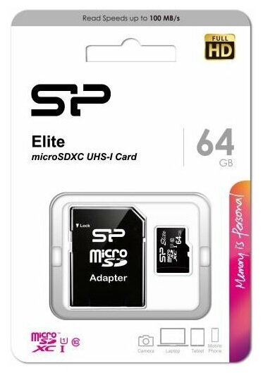 Карта памяти Silicon Power Elite microSDXC 64 ГБ Class 10, UHS Class 1, U1, R 85 МБ/с, адаптер на SD