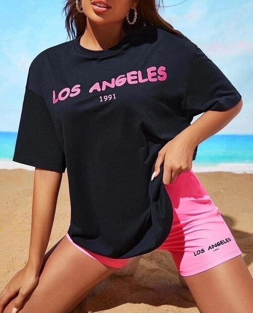 Комплект Bon Bon, футболка, шорты, короткий рукав, пояс на резинке, стрейч, размер 46-48.L, розовый, черный