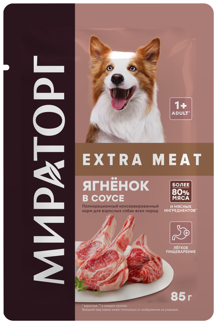 Winner Extra Meat Корм конс для взрослых собак всех пород с ягненком с соусе пакет, 85 гр