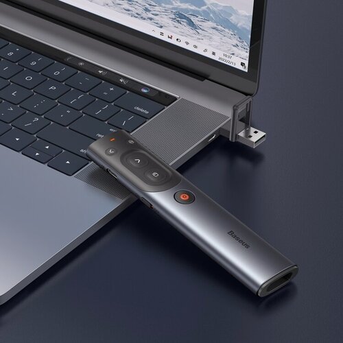 Изображение товара Беспроводной презентер Baseus Orange Dot Al Wireless Presenter, Red Laser 100 m, 300 mAh, Cерый