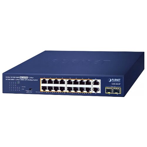 PLANET GSD-2022P 16-Port 10/100/1000T 802.3at PoE + 2-Port 10/100/1000T + 2-Port 1000X SFP Unmanaged Gigabit Ethernet Switch (185W PoE Budget, Standar