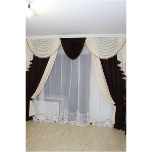 Комплект штор для комнаты Версаль 3 кольца (темно-коричневый + сливочный), ришелк, высота 250 см, на карниз до 3,5 м