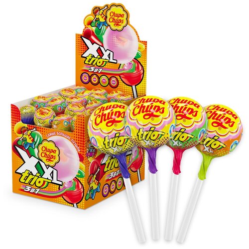 фото Карамель chupa chups xxl trio с жевательной резинкой вкус ассорти, 29 г, 40 уп.