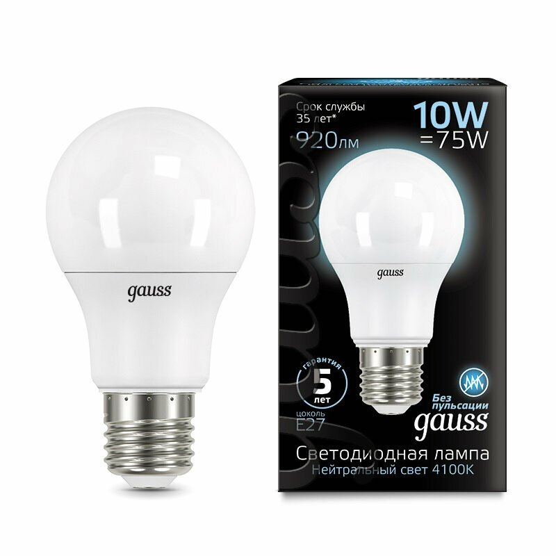 102502210 Лампа Gauss A60 10W 920lm 4100K E27 LED, уп.10шт