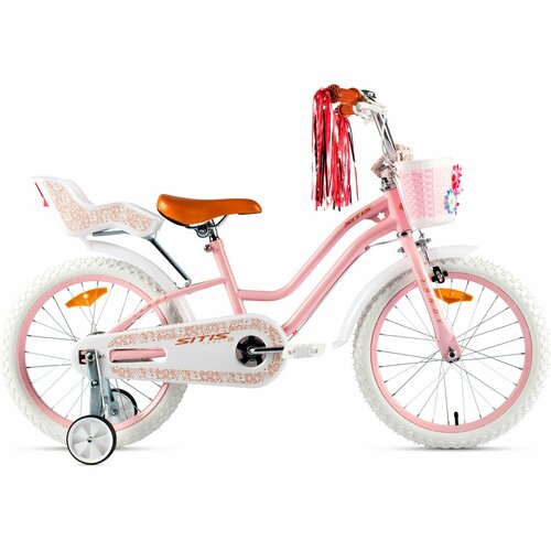 Велосипед детский городской SITIS SANDY 18 2024 от 4 до 6 лет сталь с защитой цепи и корзиной креслом крыльями 1 скорость барабанный тормоз цвет персиковыйбелыйкоричневый на рост 115-130 см 14060₽