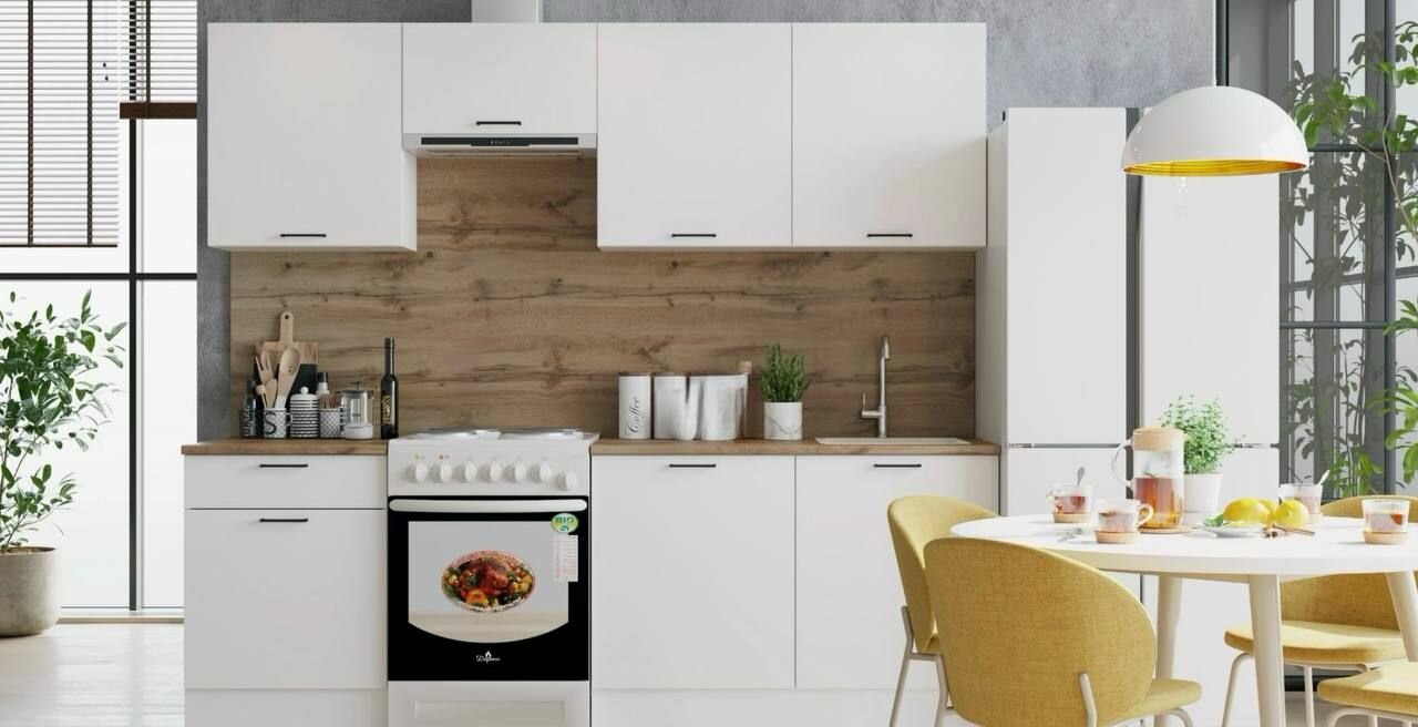 Кухня (кухонный гарнитур) Паола/Paola 2.4 м Белый гладкий столешница Дуб вотан 28 мм ЛДСП 2400х450х2160 горизонт