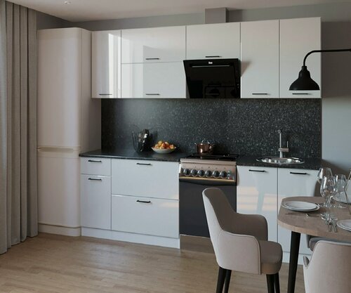 Изображение товара Кухонный гарнитур Белый глянец, фасады МДФ, длина 2600 мм, столешница Каспий Черное золото