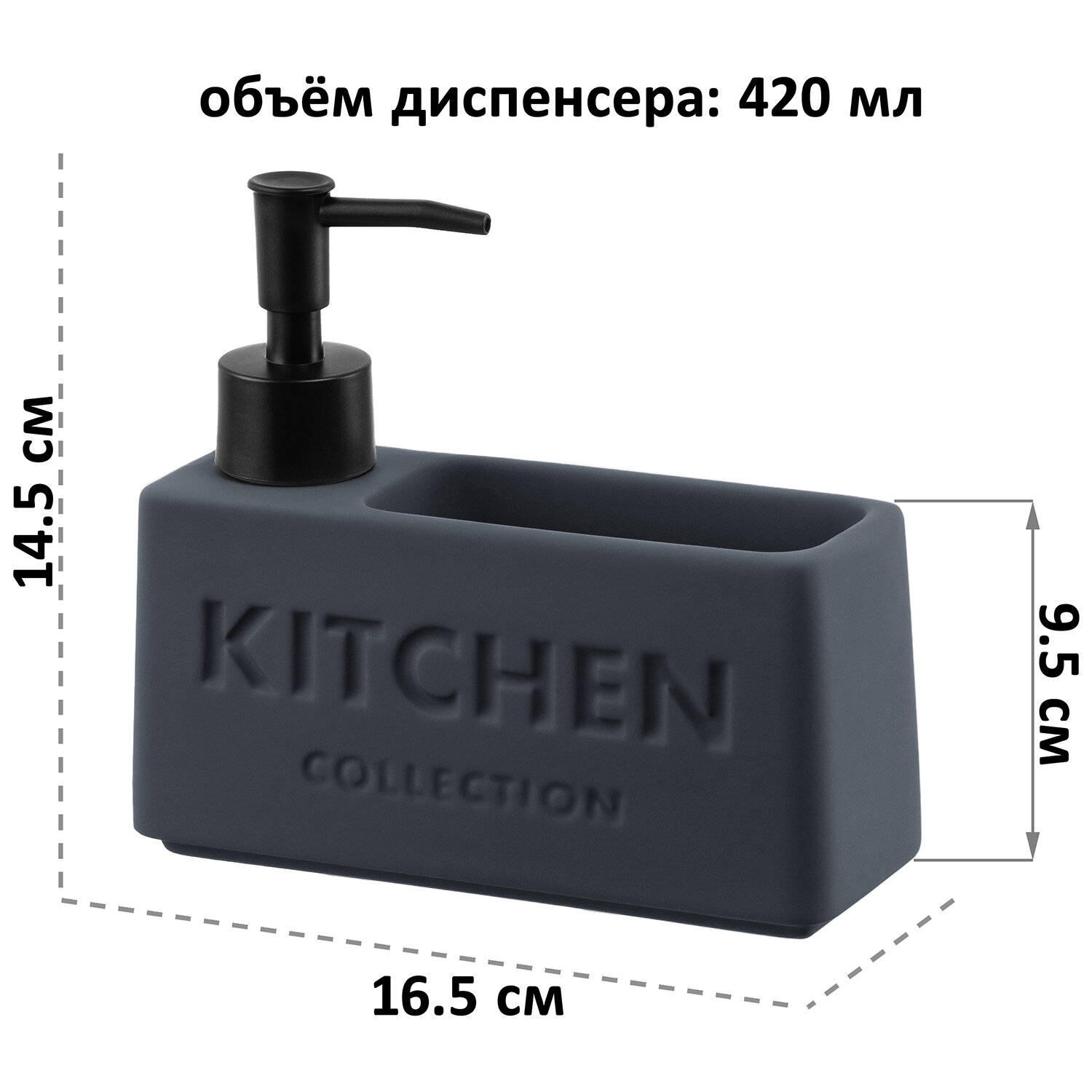 Диспенсер, дозатор для моющего средства 420 мл Elan Gallery KITCHEN, 16.5х5,5х14.5 см, графит — фото 1