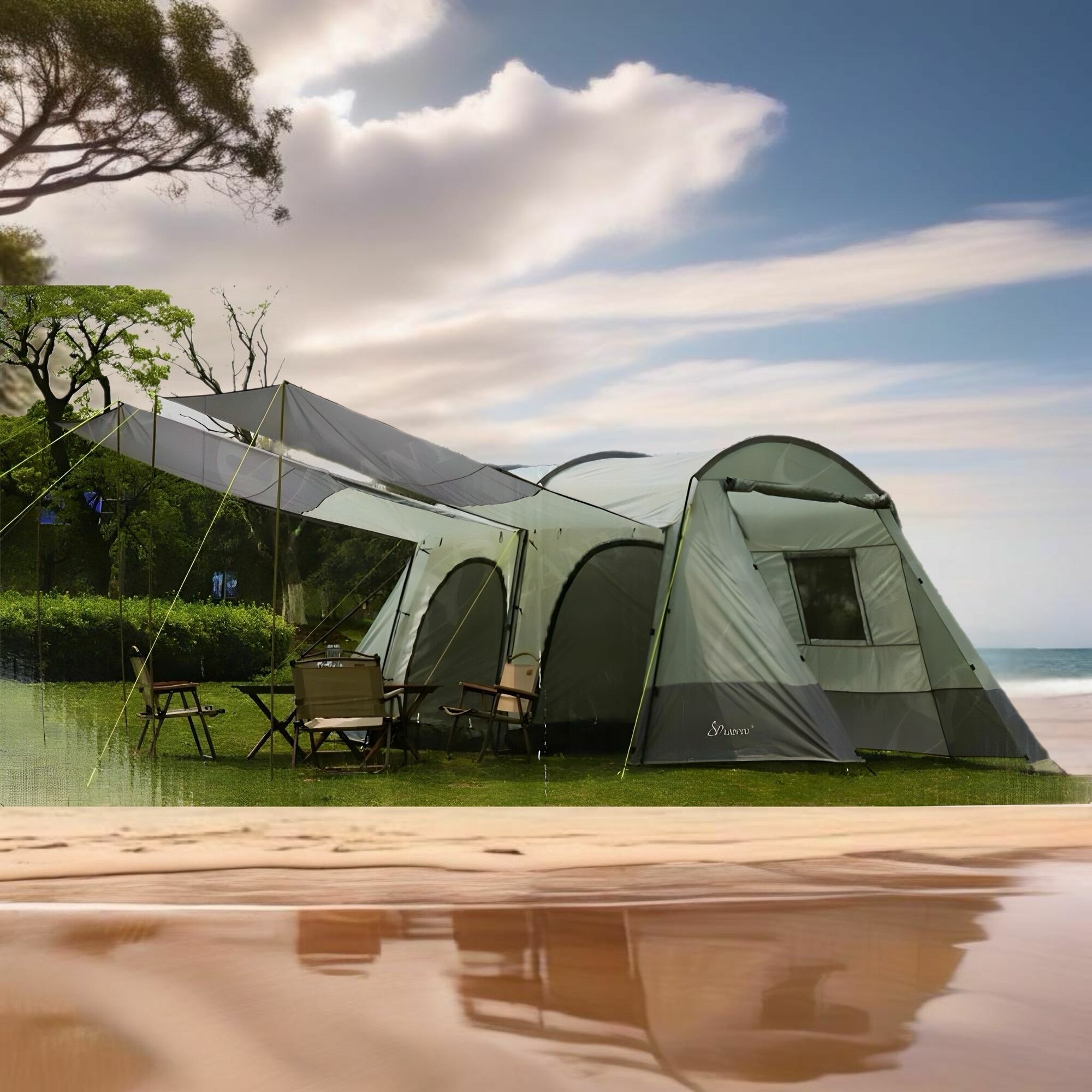 Палатка кемпинговая большая пятиместная с тамбуром и навесом