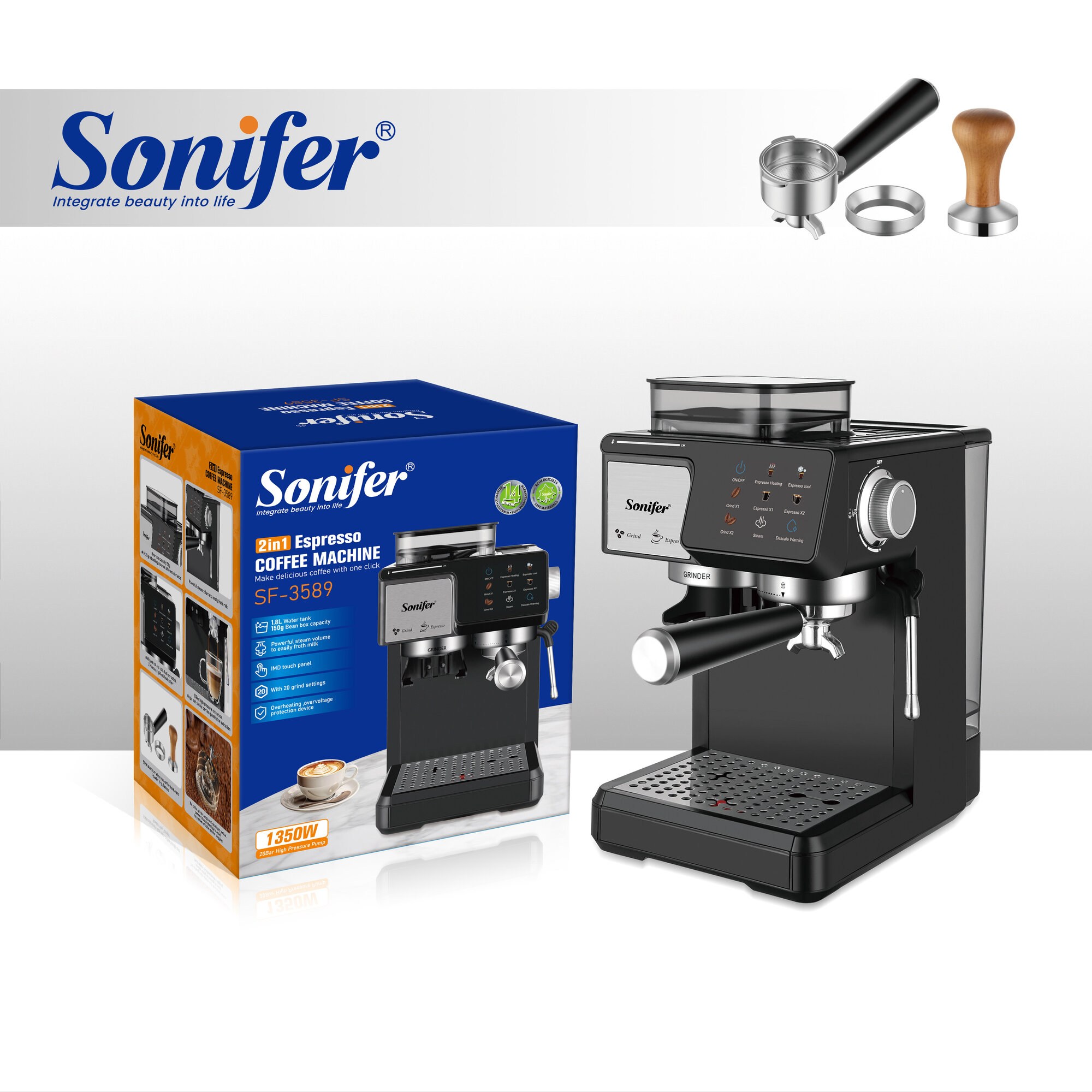 Кофемашина Sonifer SF-3589, 1350Вт, давление 15Бар, съемный лоток, серебристый цвет