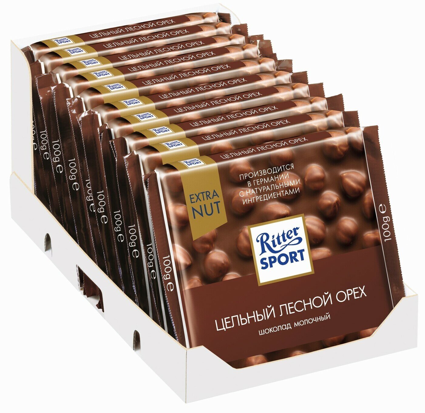 Шоколад Ritter Sport Extra Nut молочный цельный лесной орех, 100 г, 10 уп.