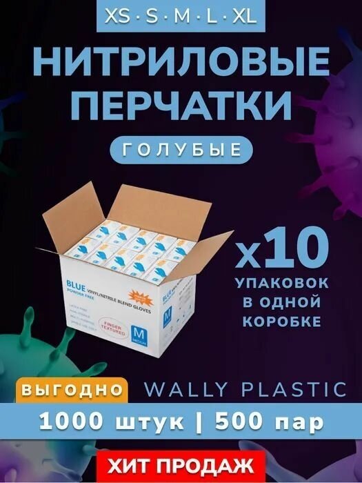 Нитриловые/Виниловые перчатки - Wally plastic, 1000 шт. (500 пар), одноразовые, неопудренные, текстурированные - Цвет: Синий; Размер M