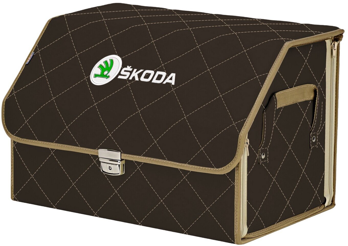 Органайзер-саквояж в багажник "Союз Премиум" (размер L). Цвет: коричневый с бежевой прострочкой Ромб и вышивкой Skoda (Шкода).