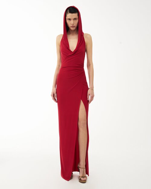 Платье Sorelle, прилегающее, макси, открытая спина, капюшон, размер XS, красный