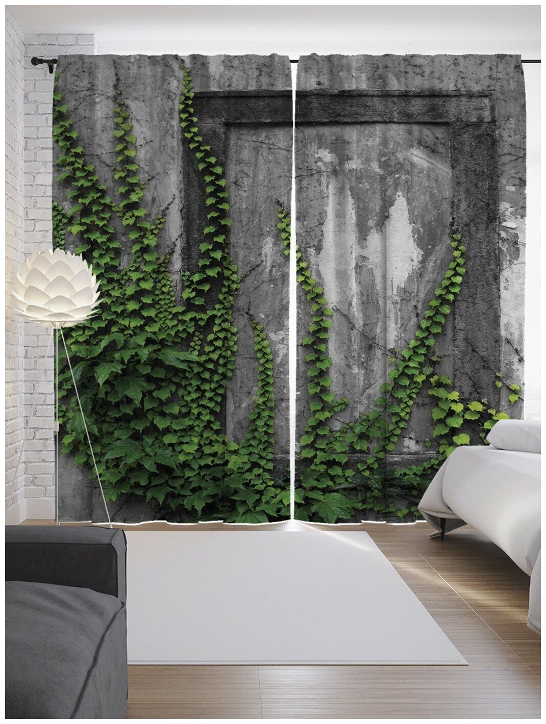 Шторы, фотошторы JoyArty "Зарастающие стены" из ткани сатен, 2 полотна 145x265 см, шторная лента и крючки - фотография № 10