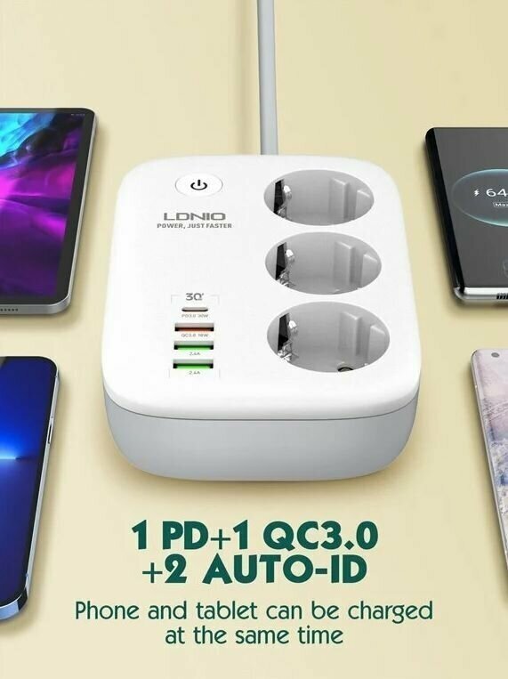 Сетевой фильтр LDNIO SEW3452 WIFI Smart 3 розетки 2500w + 1 PD+ 1 QC30 + 2 USB AUTO-ID