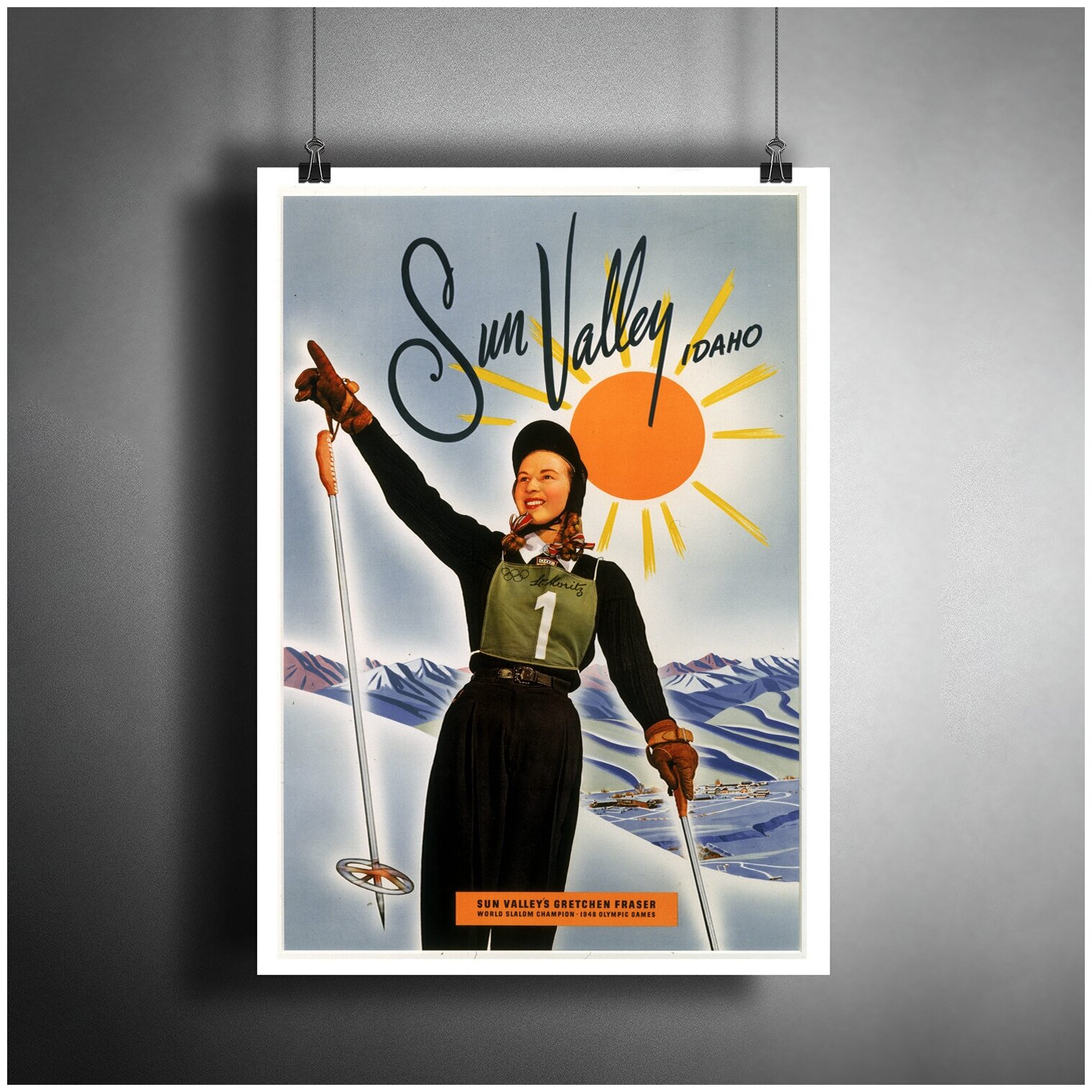Постер плакат для интерьера "Винтажный постер: Олимпийские игры, Сан-Валли, Айдахо. Горные лыжи"/ Декор дома, офиса, комнаты A3 (297 x 420 мм)
