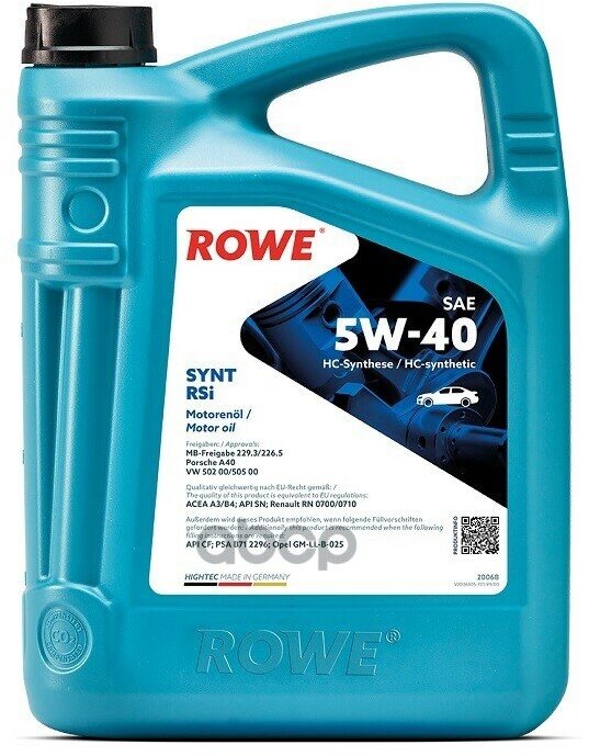 ROWE Масло Rowe 5W40 Hightec Synt Rsi Api Sn/Cf Acea A3/B4 5Л Син Rowe 20068005099