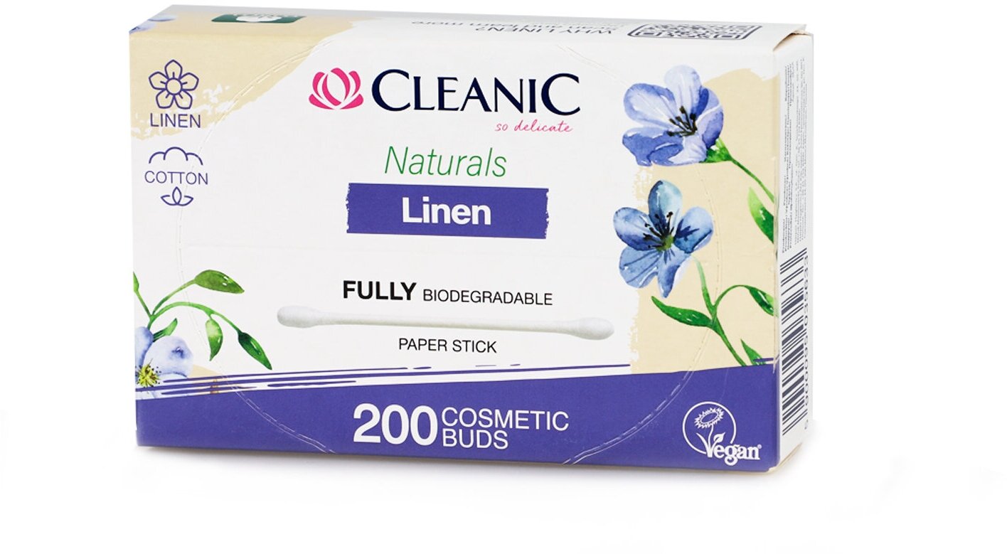 Ватные палочки тонкие косметические для макияжа Cleanic Naturals Linen 200 шт