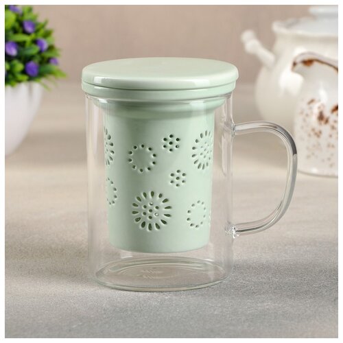 фото Кружка с керамическим ситом и крышкой "нежность" 350 мл, цвет мятный 4708390 сима-ленд
