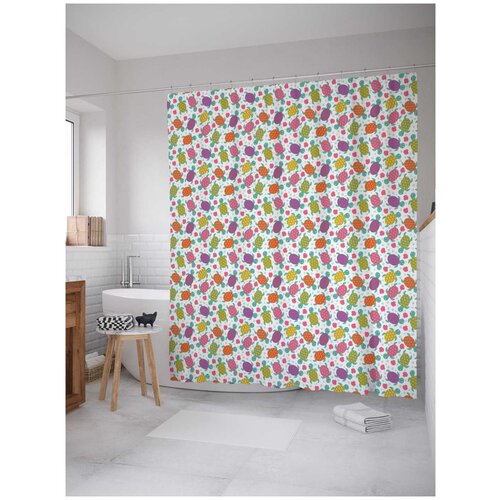 фото Штора (занавеска) для ванной "улыбчивые черепашки" из сатена, 180х200 см с крючками joyarty