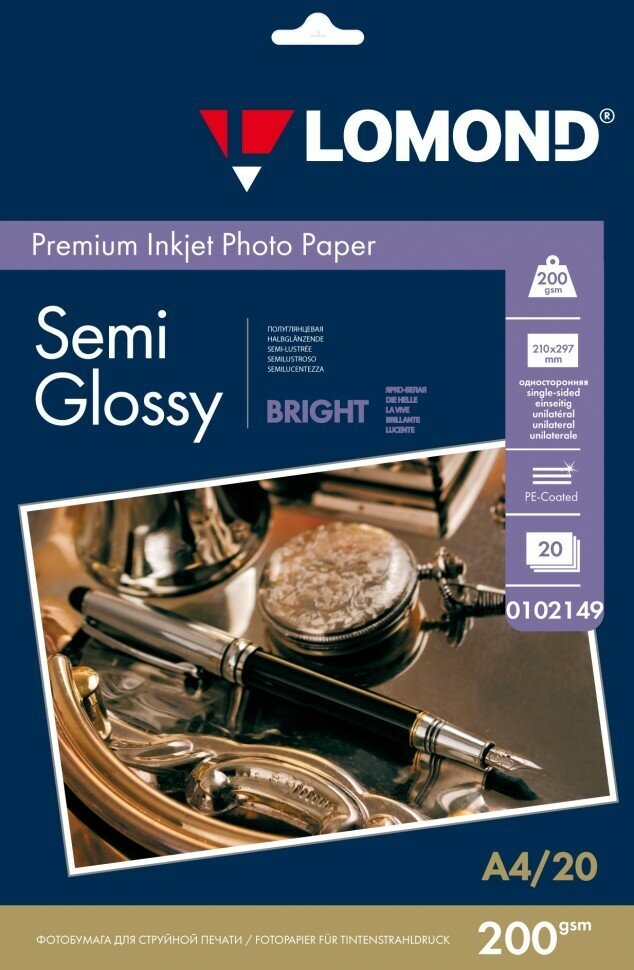 200 г/м A4 Semi Glossy Bright Premium фотобумага 20 листов Lomond 0102149