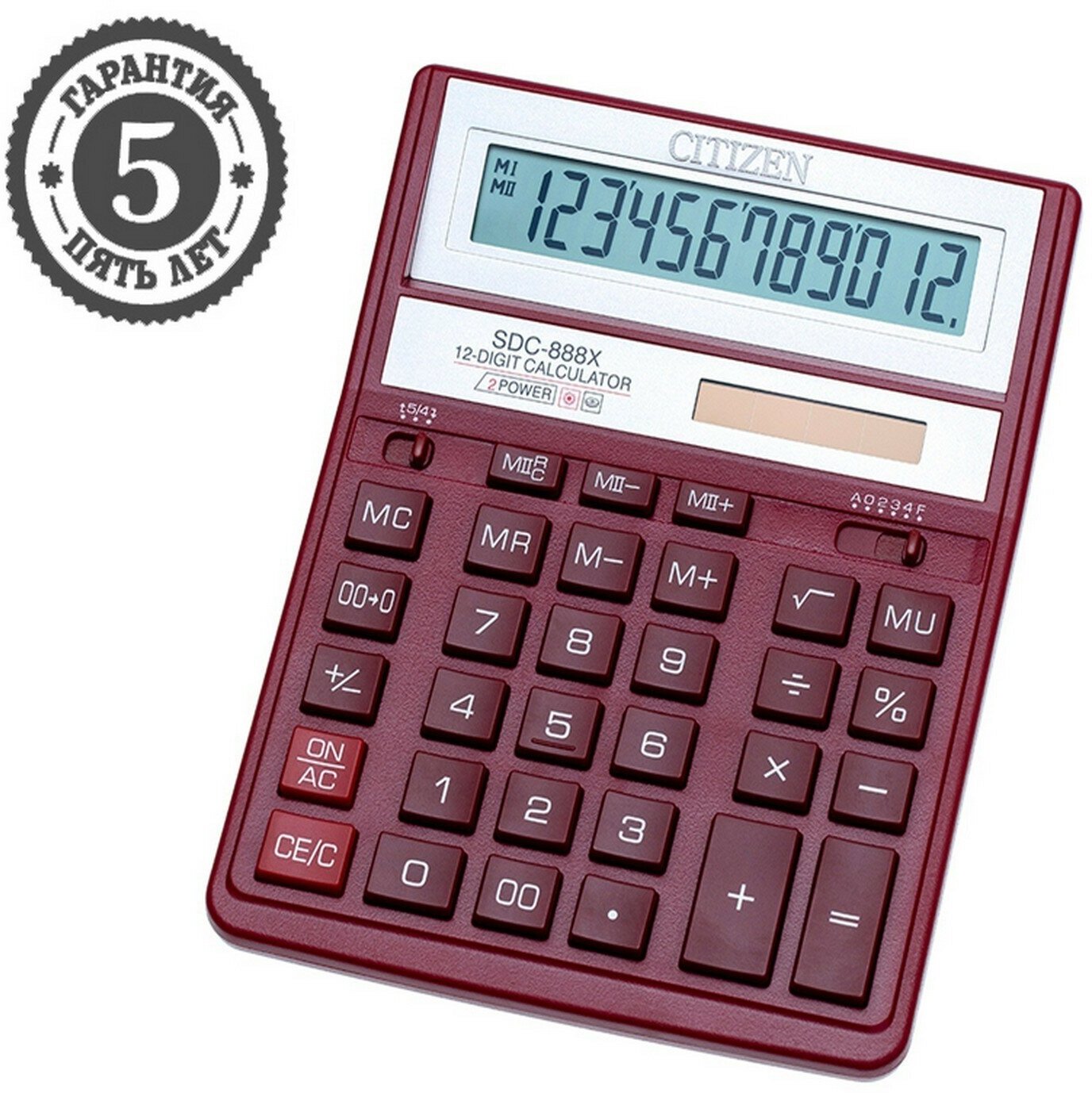 Калькулятор настольный "SDC-888XRD", 12-разрядный, 158 х 203 х 31 мм, двойное питание, красный
